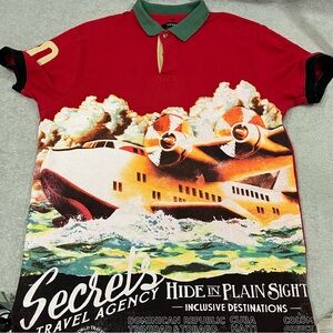 AKOO Shirt Mens Large Polo Rugby Shirt Secret Travel Agency Hide In Plain Sight